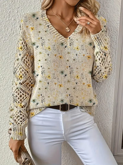 Foreign Trade Cross-Border Hot-Selling Printed Sweater Elegant Bohemian Floral V Neck Long-Sleeved Top Fashionable V Neck Pullover