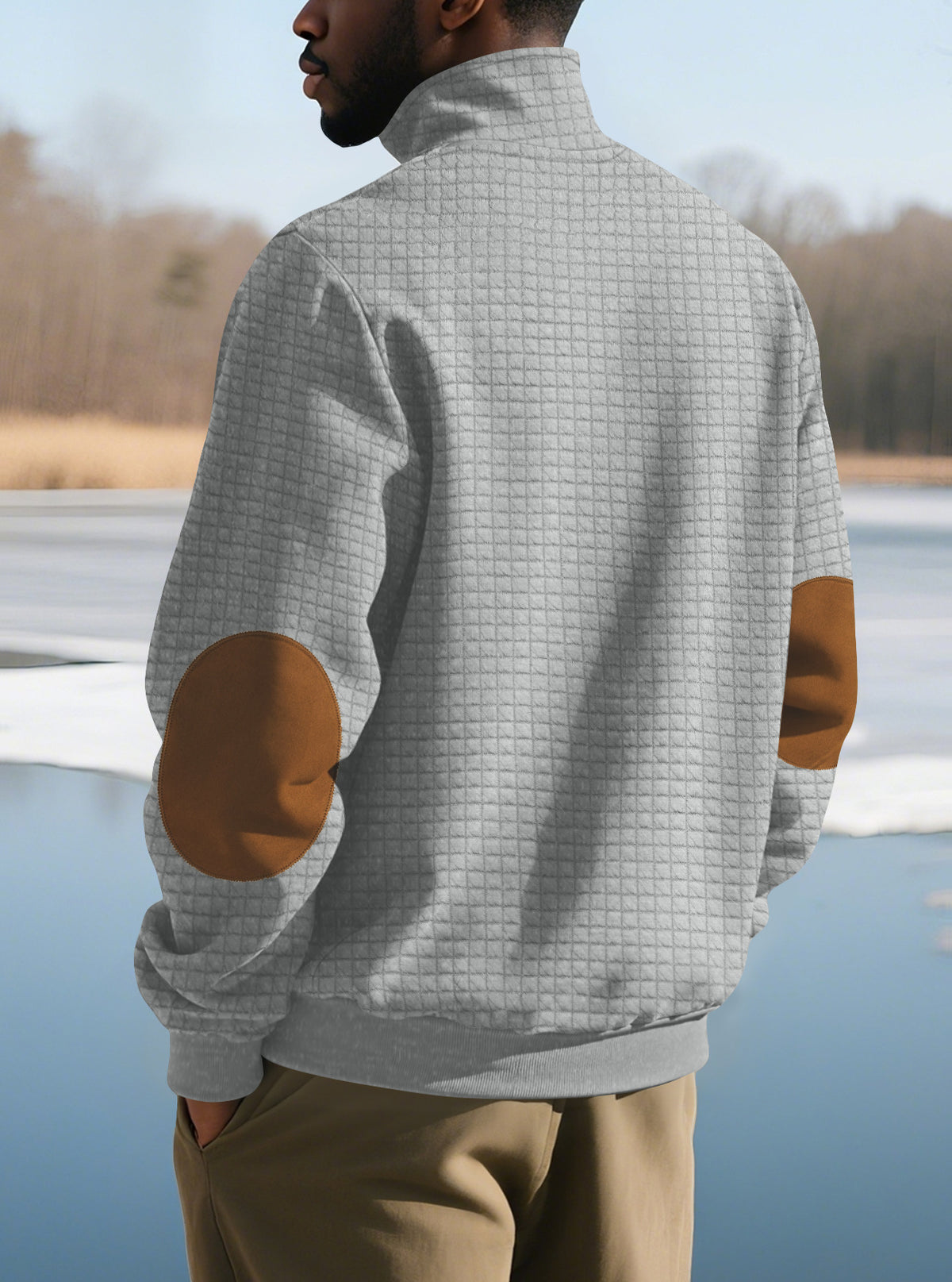 European and American Tk Cross-Border Casual Sports Sweatshirt Amazon Jacquard Small Checkered Stand-Up Collar Half-Zip Waffle Knit Top for Men