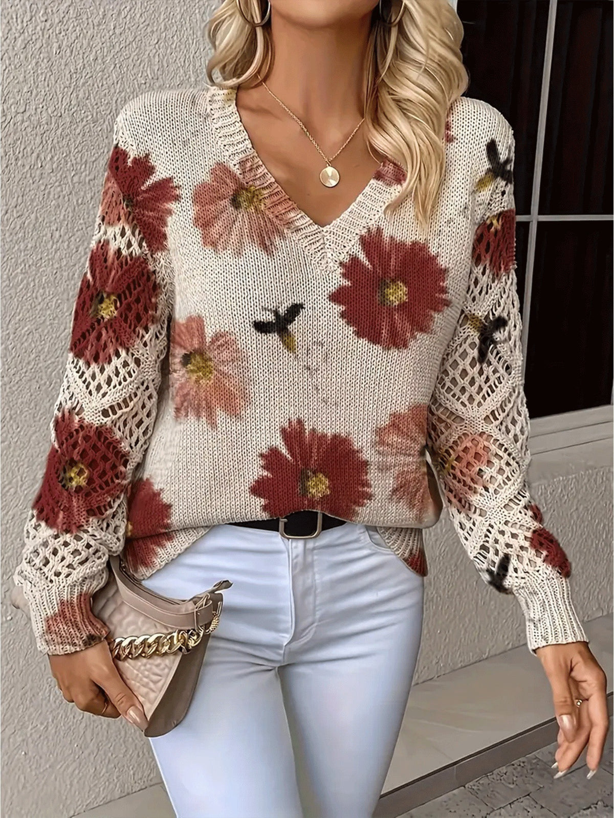 Foreign Trade Cross-Border Hot-Selling Printed Sweater Elegant Bohemian Floral V Neck Long-Sleeved Top Fashionable V Neck Pullover