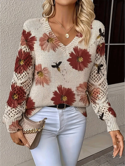 Foreign Trade Cross-Border Hot-Selling Printed Sweater Elegant Bohemian Floral V Neck Long-Sleeved Top Fashionable V Neck Pullover