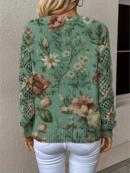 Foreign Trade Cross-Border Hot-Selling Printed Sweater Elegant Bohemian Floral V Neck Long-Sleeved Top Fashionable V Neck Pullover