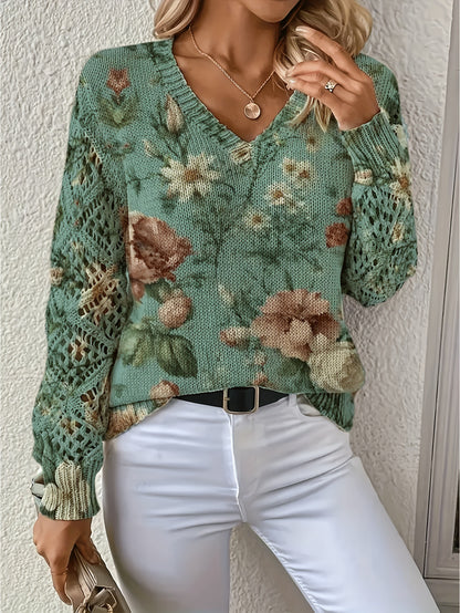 Foreign Trade Cross-Border Hot-Selling Printed Sweater Elegant Bohemian Floral V Neck Long-Sleeved Top Fashionable V Neck Pullover