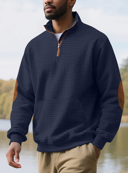 European and American Tk Cross-Border Casual Sports Sweatshirt Amazon Jacquard Small Checkered Stand-Up Collar Half-Zip Waffle Knit Top for Men
