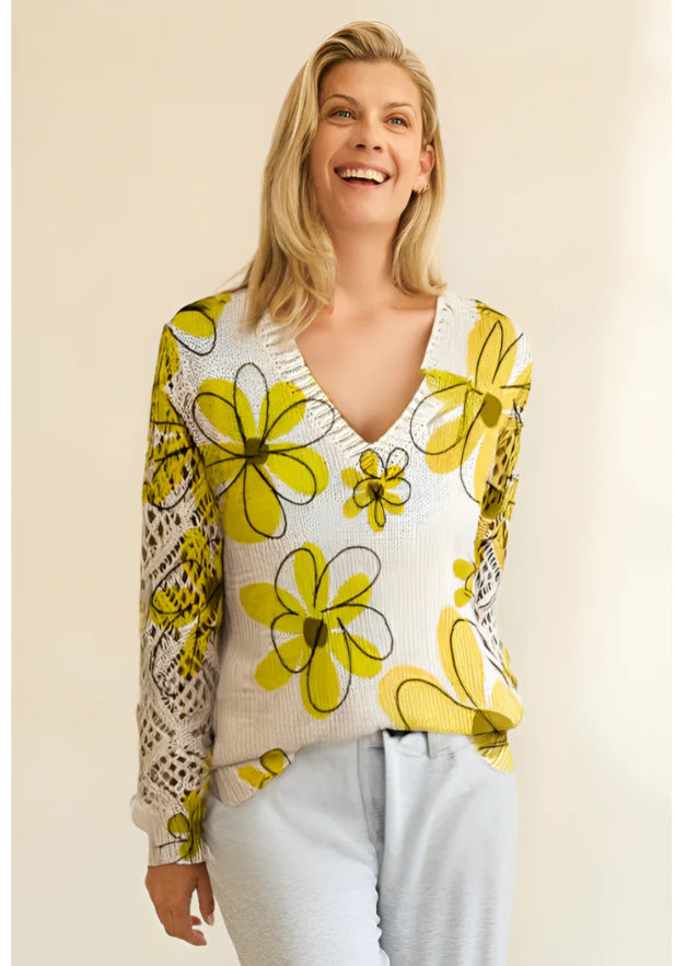 Foreign Trade Cross-Border Hot-Selling Printed Sweater Elegant Bohemian Floral V Neck Long-Sleeved Top Fashionable V Neck Pullover