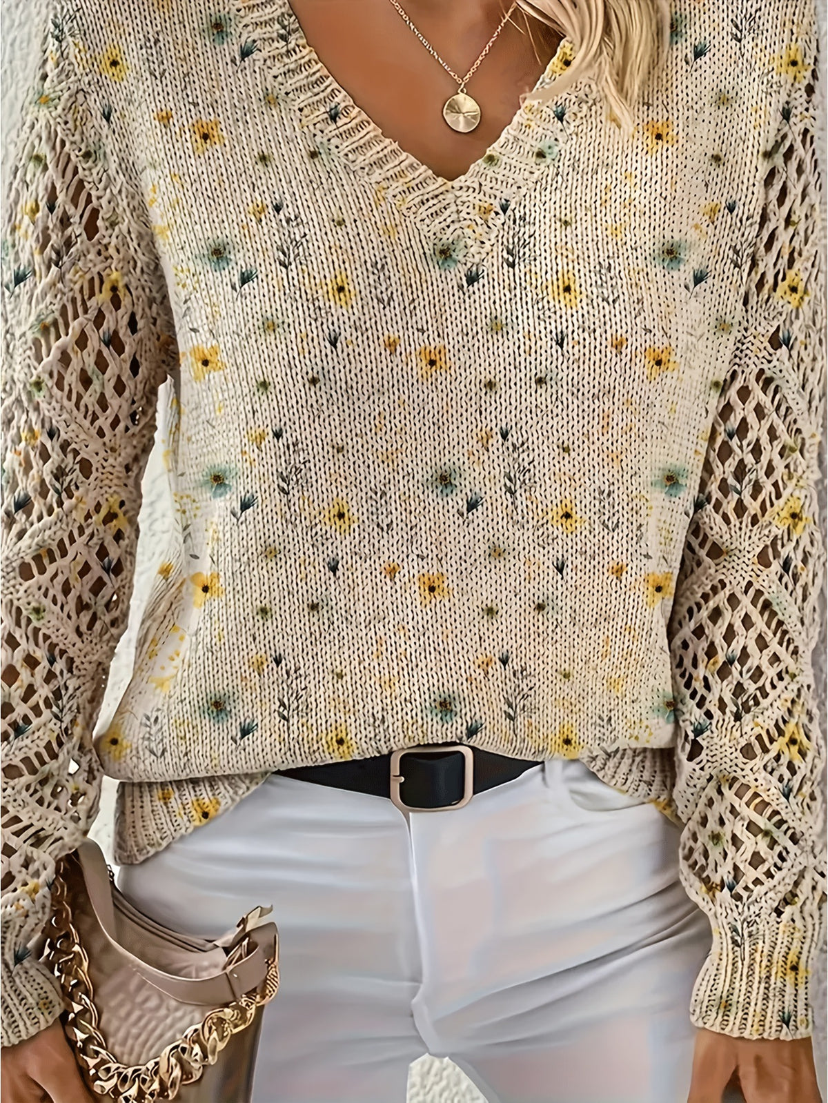 Foreign Trade Cross-Border Hot-Selling Printed Sweater Elegant Bohemian Floral V Neck Long-Sleeved Top Fashionable V Neck Pullover