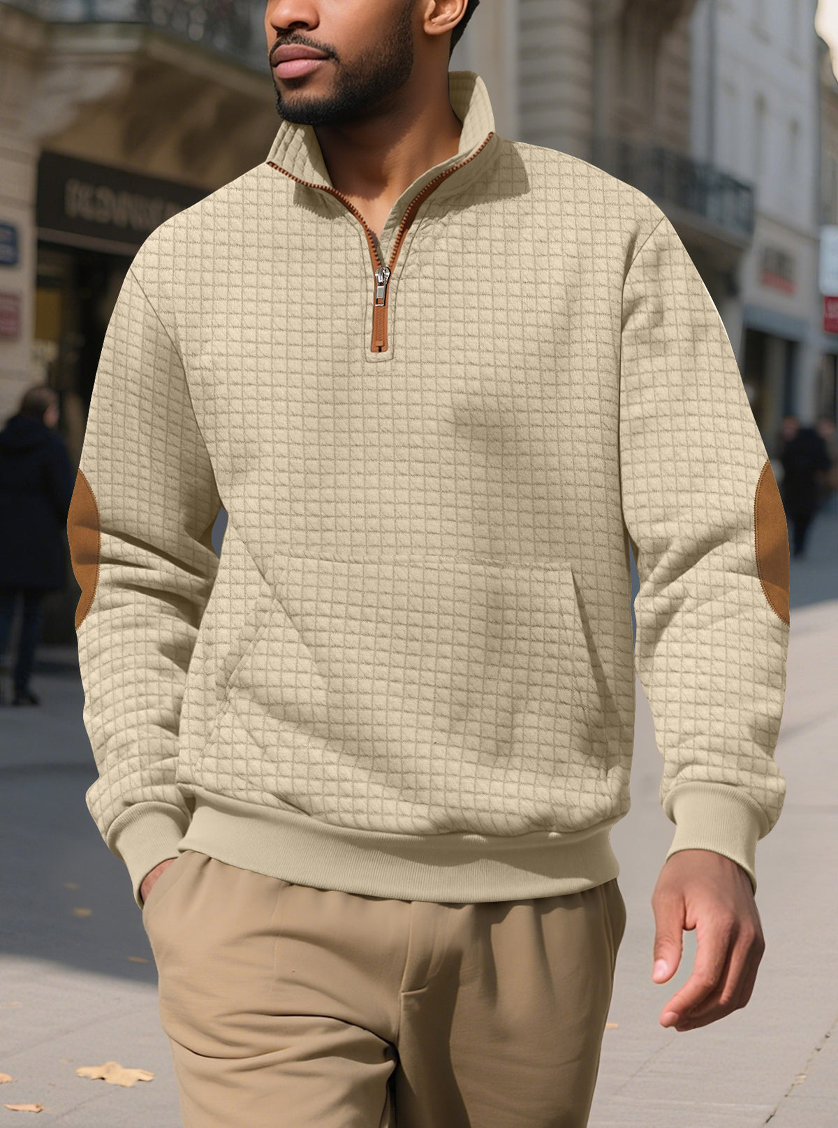 European and American Tk Cross-Border Casual Sports Sweatshirt Amazon Jacquard Small Checkered Stand-Up Collar Half-Zip Waffle Knit Top for Men