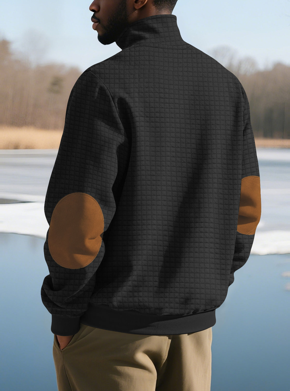 European and American Tk Cross-Border Casual Sports Sweatshirt Amazon Jacquard Small Checkered Stand-Up Collar Half-Zip Waffle Knit Top for Men