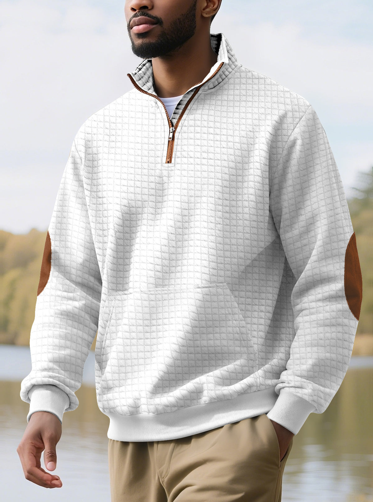 European and American Tk Cross-Border Casual Sports Sweatshirt Amazon Jacquard Small Checkered Stand-Up Collar Half-Zip Waffle Knit Top for Men
