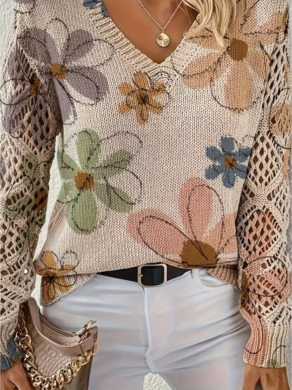 Foreign Trade Cross-Border Hot-Selling Printed Sweater Elegant Bohemian Floral V Neck Long-Sleeved Top Fashionable V Neck Pullover