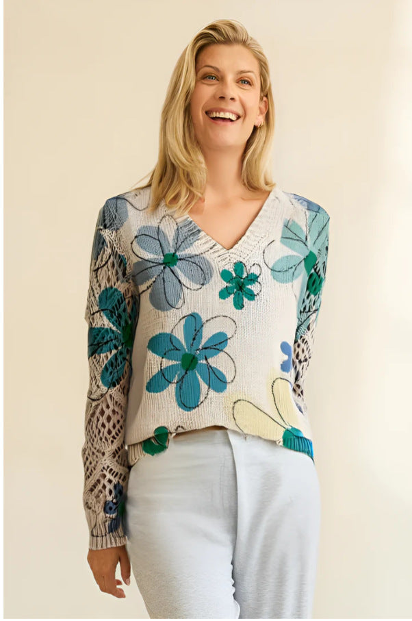 Foreign Trade Cross-Border Hot-Selling Printed Sweater Elegant Bohemian Floral V Neck Long-Sleeved Top Fashionable V Neck Pullover