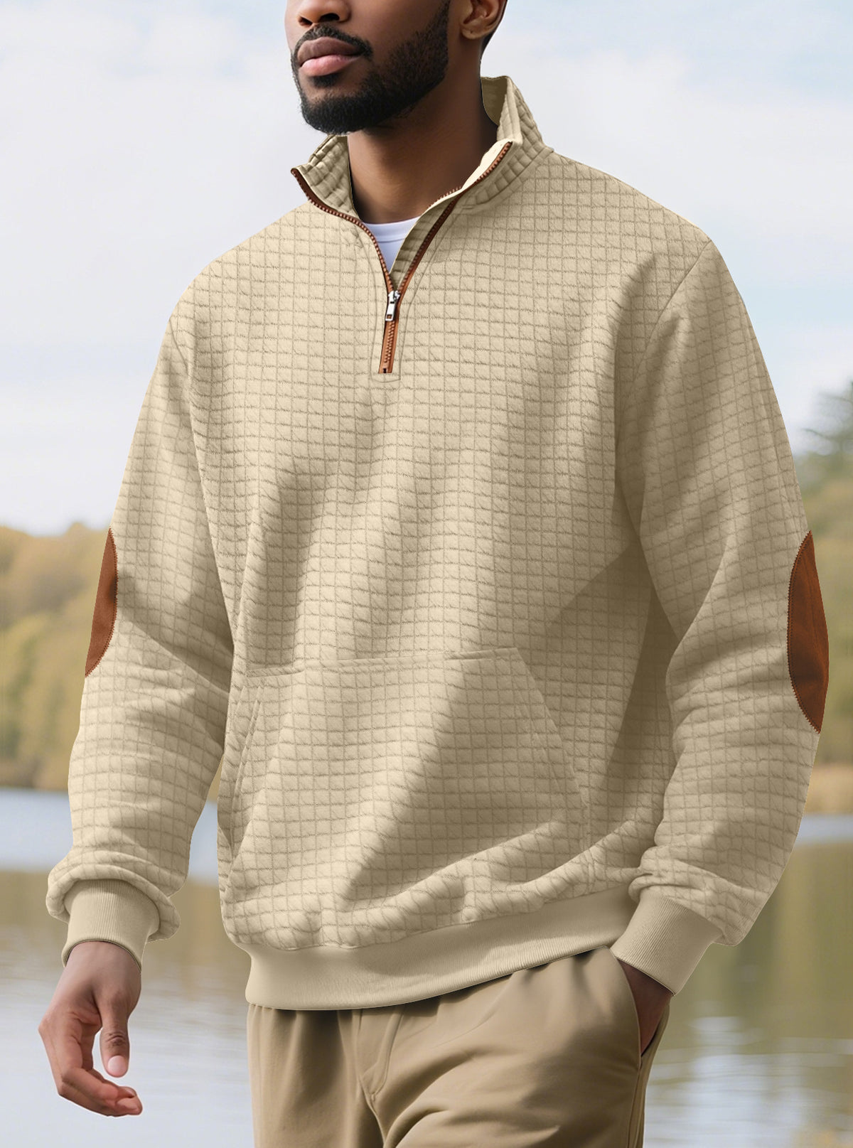 European and American Tk Cross-Border Casual Sports Sweatshirt Amazon Jacquard Small Checkered Stand-Up Collar Half-Zip Waffle Knit Top for Men