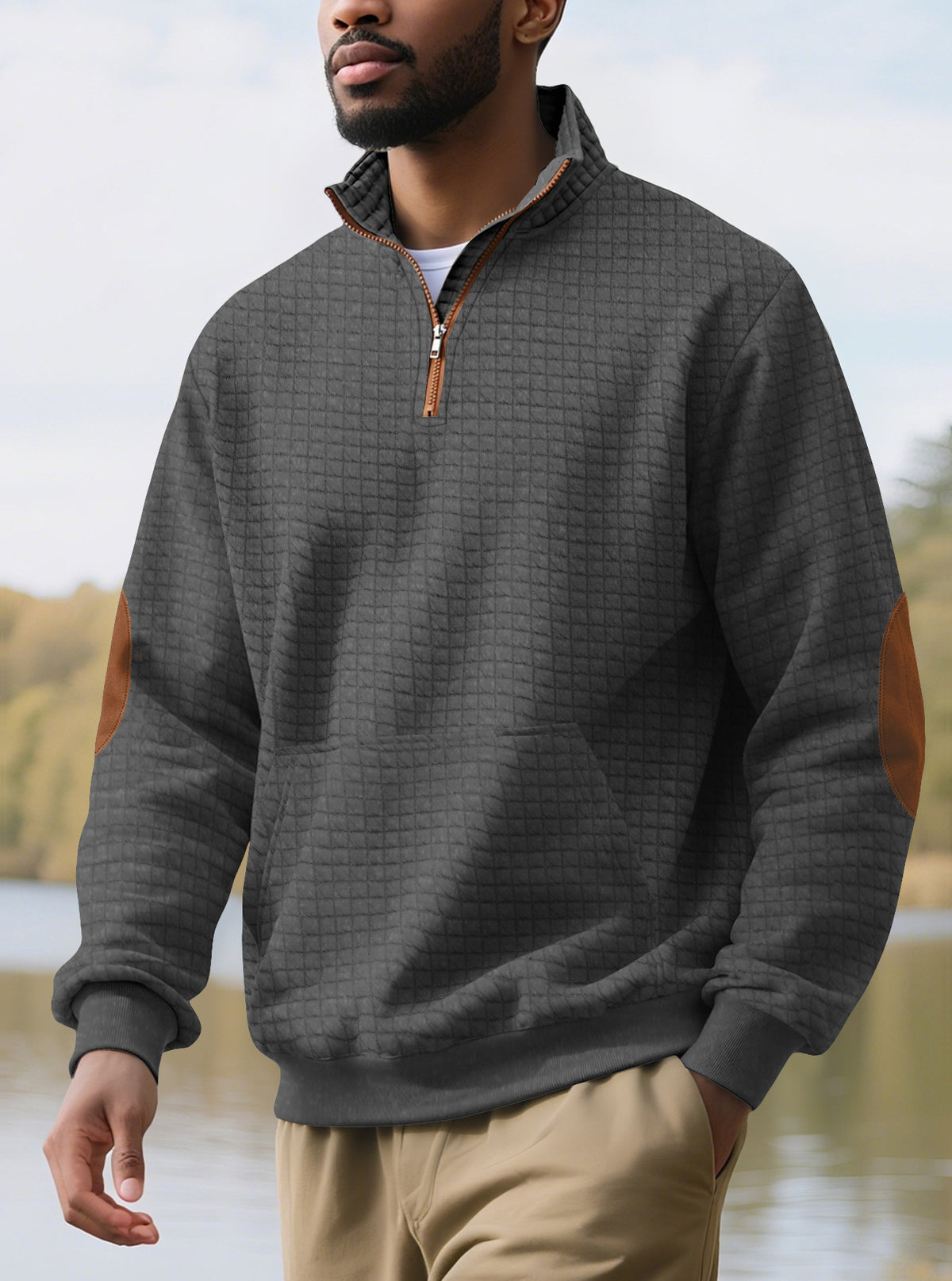 European and American Tk Cross-Border Casual Sports Sweatshirt Amazon Jacquard Small Checkered Stand-Up Collar Half-Zip Waffle Knit Top for Men
