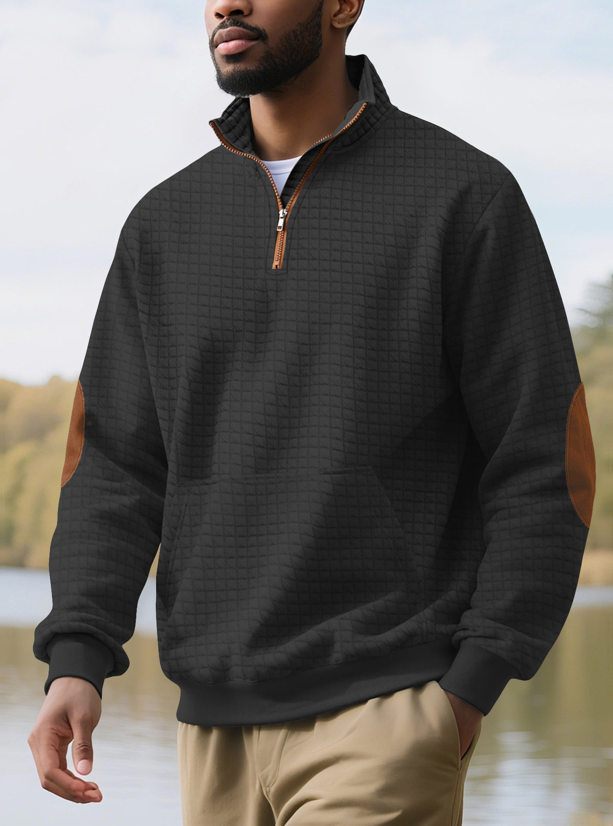 European and American Tk Cross-Border Casual Sports Sweatshirt Amazon Jacquard Small Checkered Stand-Up Collar Half-Zip Waffle Knit Top for Men