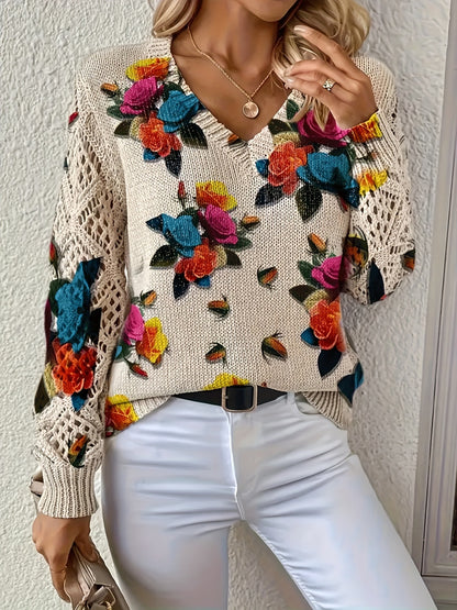 Foreign Trade Cross-Border Hot-Selling Printed Sweater Elegant Bohemian Floral V Neck Long-Sleeved Top Fashionable V Neck Pullover
