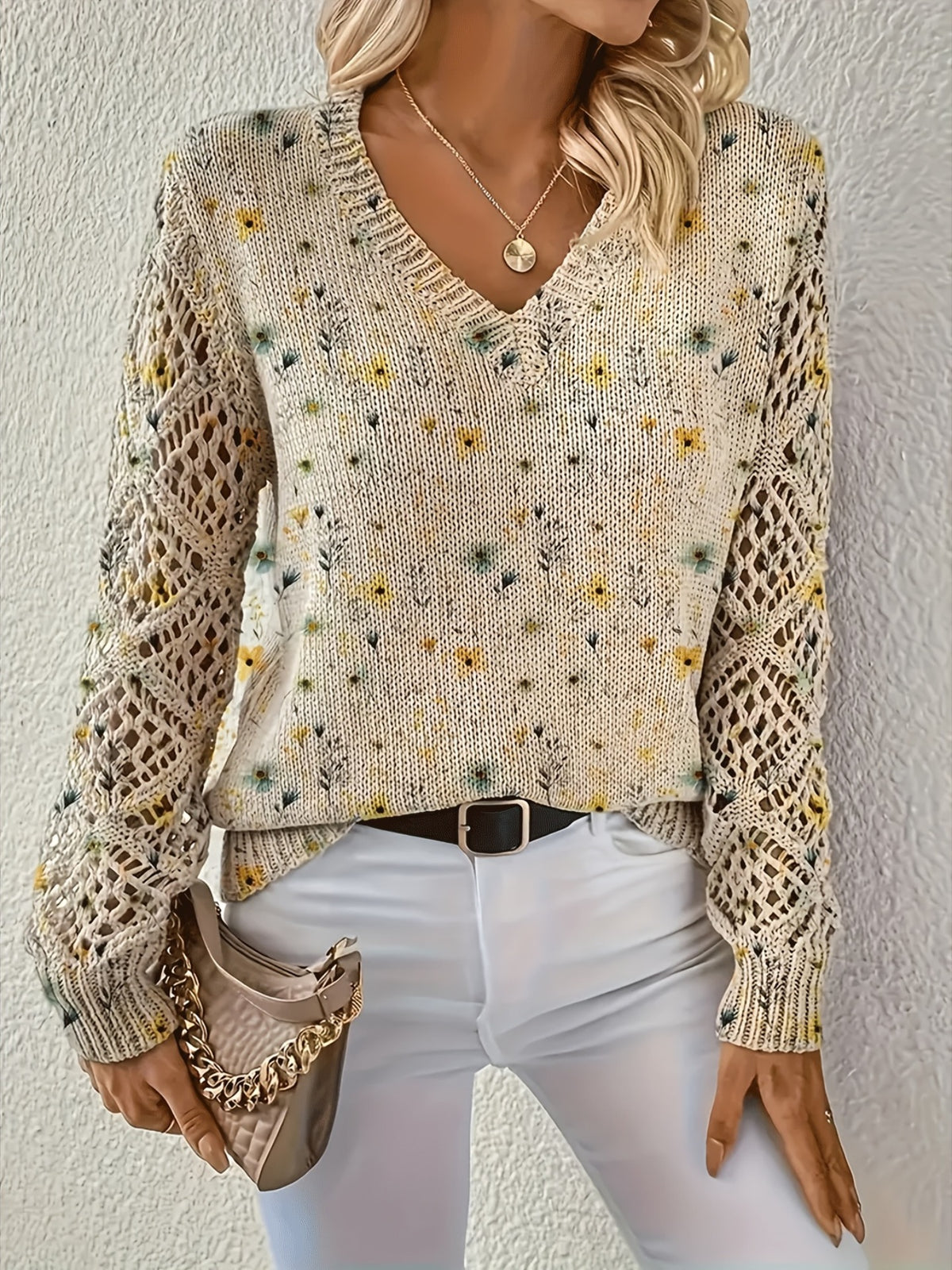 Foreign Trade Cross-Border Hot-Selling Printed Sweater Elegant Bohemian Floral V Neck Long-Sleeved Top Fashionable V Neck Pullover