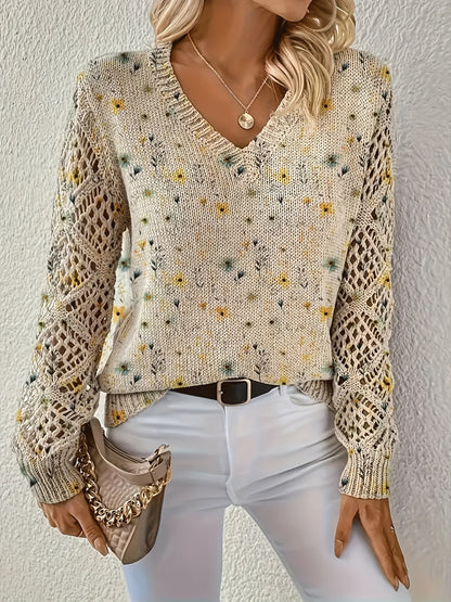 Foreign Trade Cross-Border Hot-Selling Printed Sweater Elegant Bohemian Floral V Neck Long-Sleeved Top Fashionable V Neck Pullover