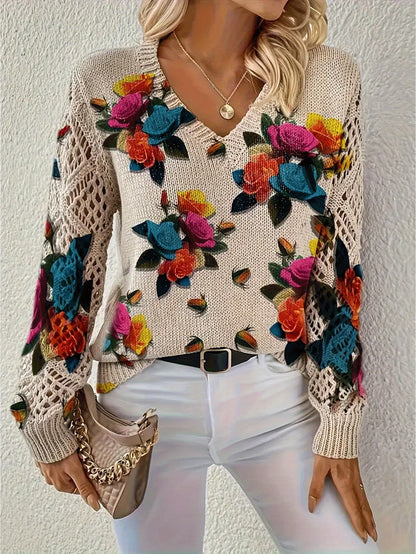 Foreign Trade Cross-Border Hot-Selling Printed Sweater Elegant Bohemian Floral V Neck Long-Sleeved Top Fashionable V Neck Pullover