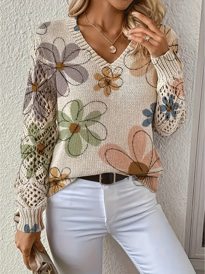 Foreign Trade Cross-Border Hot-Selling Printed Sweater Elegant Bohemian Floral V Neck Long-Sleeved Top Fashionable V Neck Pullover