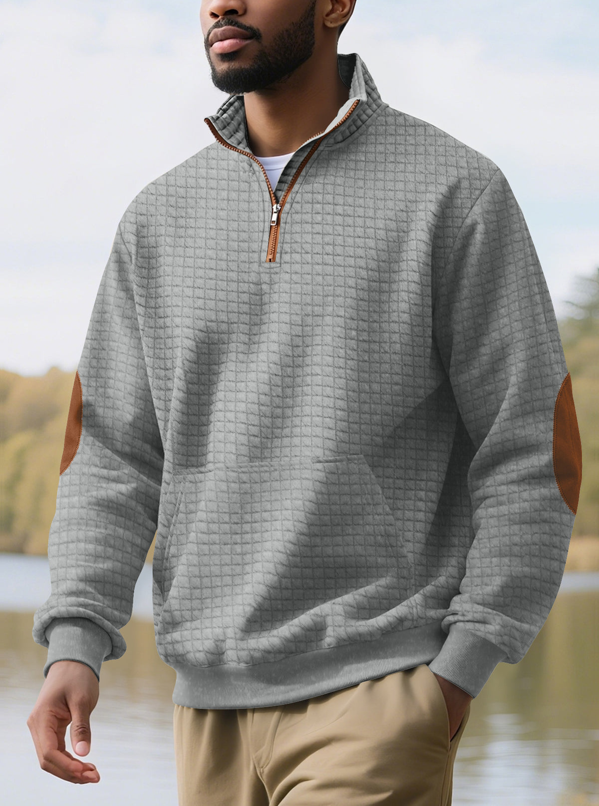 European and American Tk Cross-Border Casual Sports Sweatshirt Amazon Jacquard Small Checkered Stand-Up Collar Half-Zip Waffle Knit Top for Men