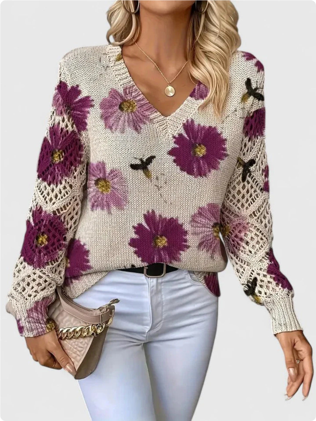 Foreign Trade Cross-Border Hot-Selling Printed Sweater Elegant Bohemian Floral V Neck Long-Sleeved Top Fashionable V Neck Pullover